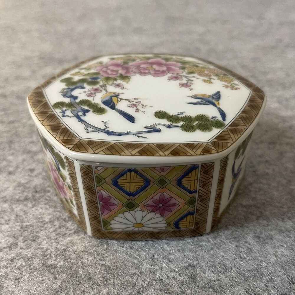 Vintage Satsuki Japan Porcelain Hexagon Trinket Box Flowers Birds Crackle Glaze